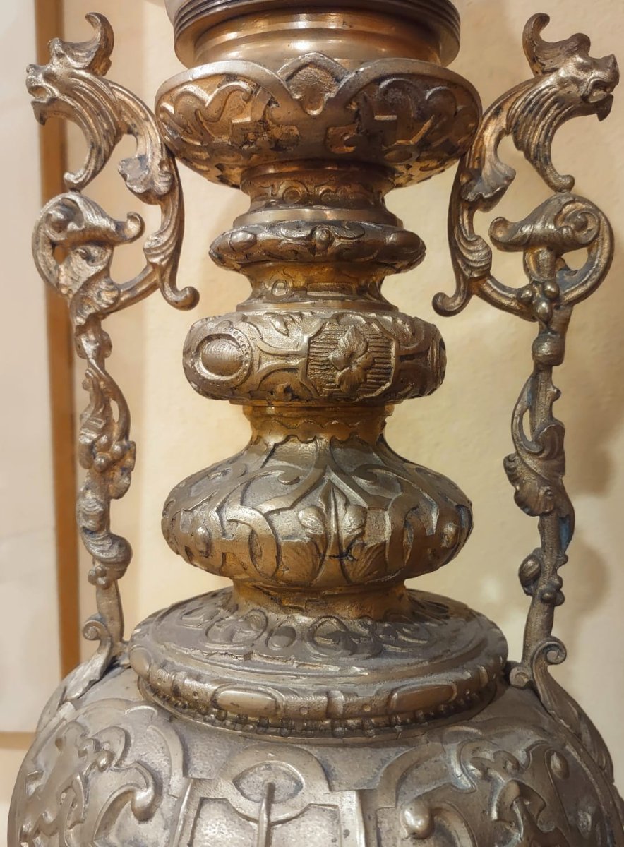 COPPIA DI LUMI A PETROLIO IN BRONZO DORATO SECONDA METÀ DEL XIX SECOLO-photo-2