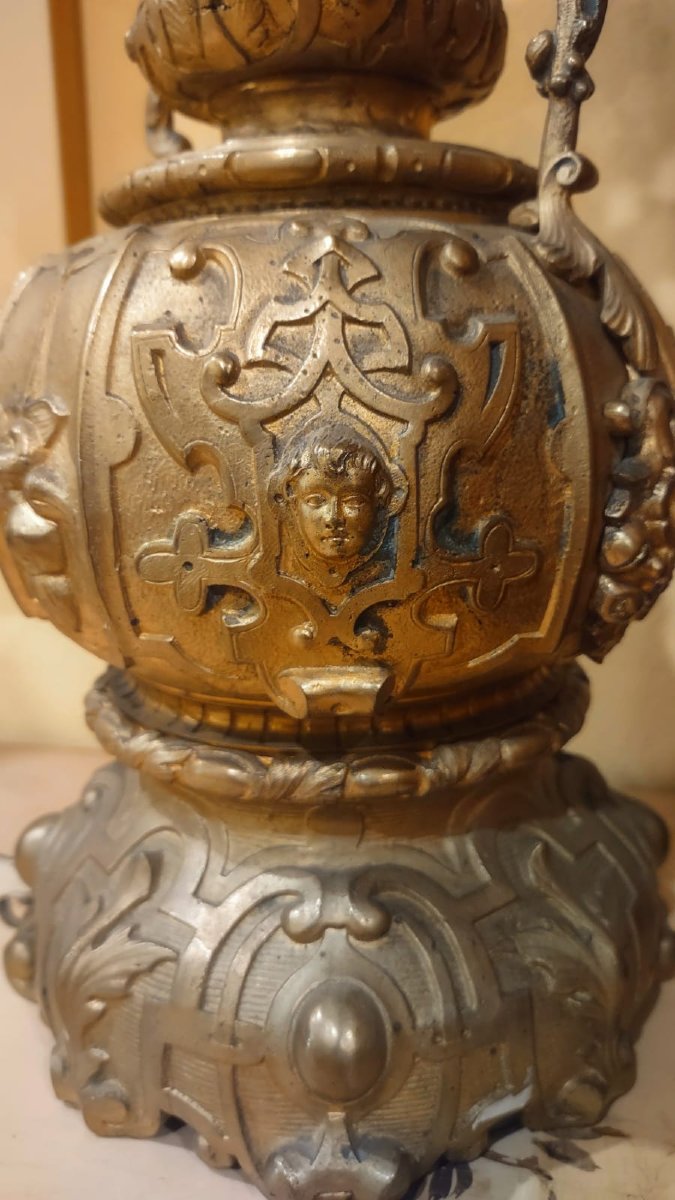 COPPIA DI LUMI A PETROLIO IN BRONZO DORATO SECONDA METÀ DEL XIX SECOLO-photo-3