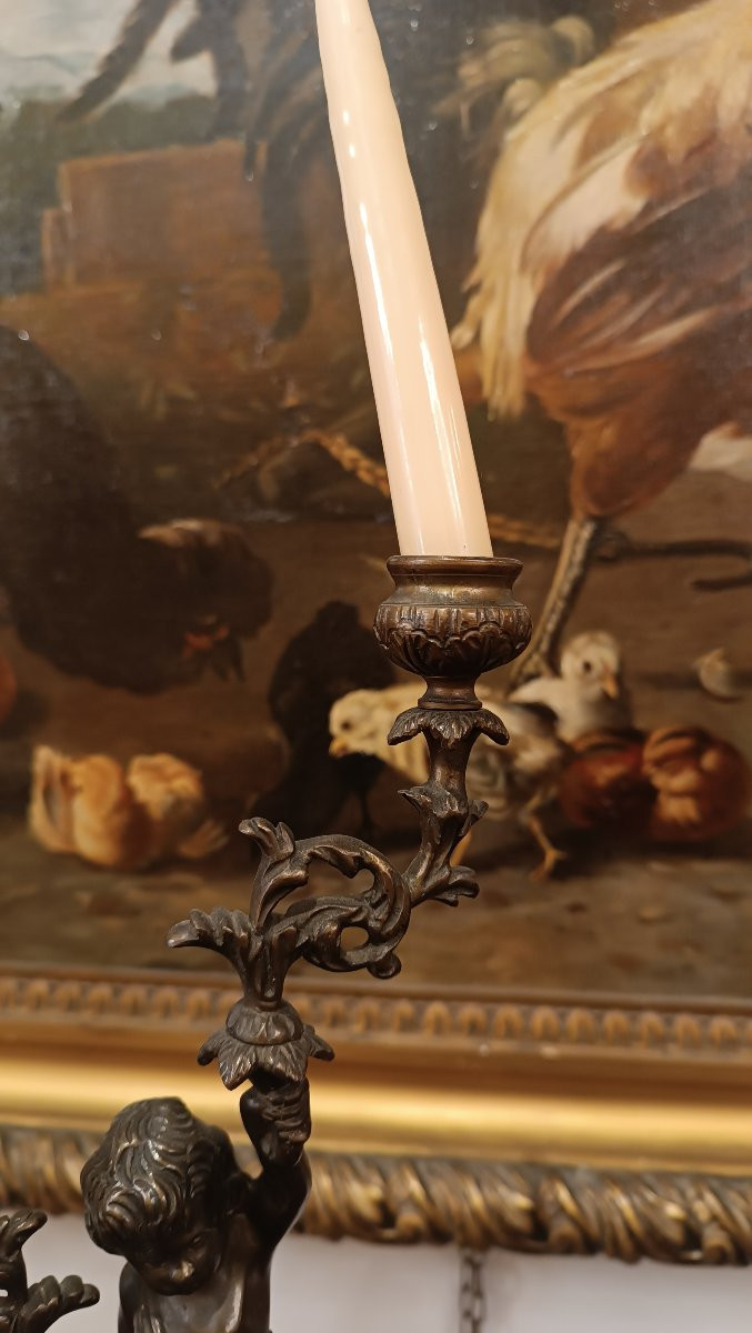 COPPIA DI CANDELIERI IN BRONZO CON PUTTI XIX SECOLO-photo-3