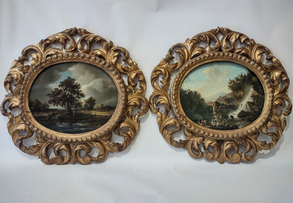 COPPIA DI PAESAGGI A OLIO SU TAVOLETTA INIZIO DEL XIX SECOLO