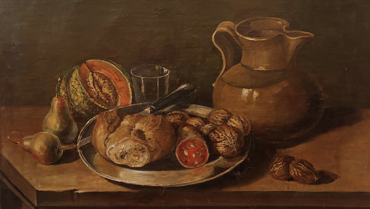 DIPINTO CON NATURA MORTA E FRUTTA FINE XIX SECOLO-photo-3