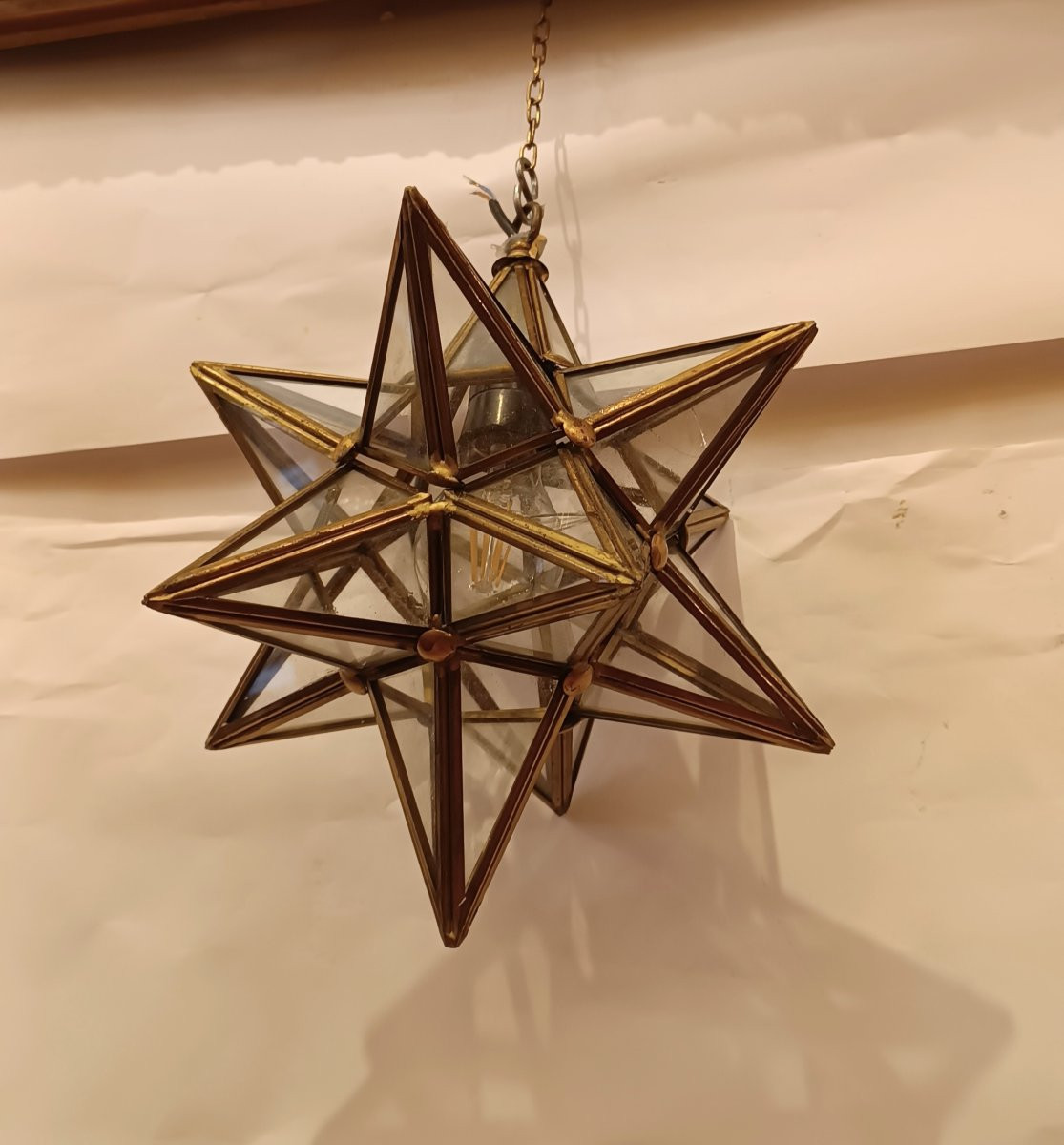 LAMPADA A STELLA IN OTTONE E VETRO ANNI '60 -photo-3