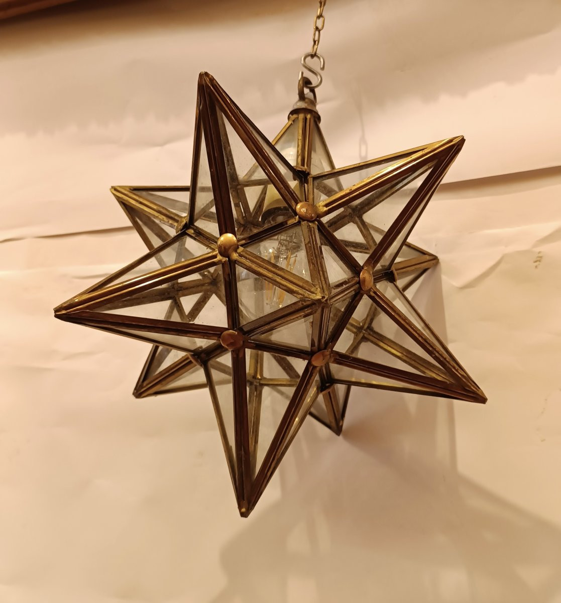 LAMPADA A STELLA IN OTTONE E VETRO ANNI '60 -photo-2