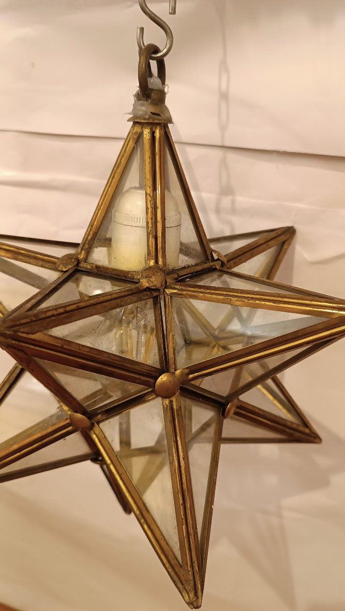 LAMPADA A STELLA IN OTTONE E VETRO ANNI '60 -photo-3