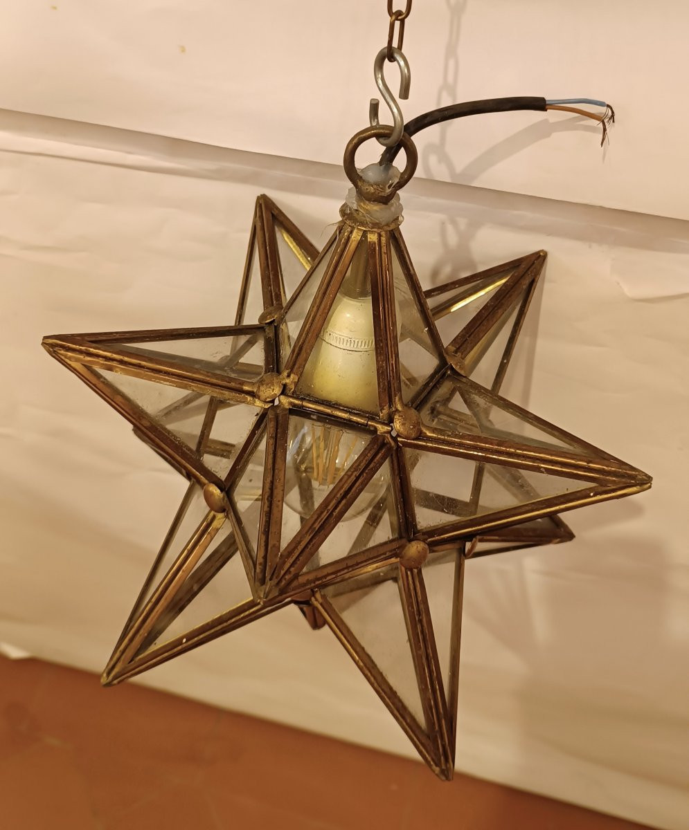 LAMPADA A STELLA IN OTTONE E VETRO ANNI '60 -photo-3