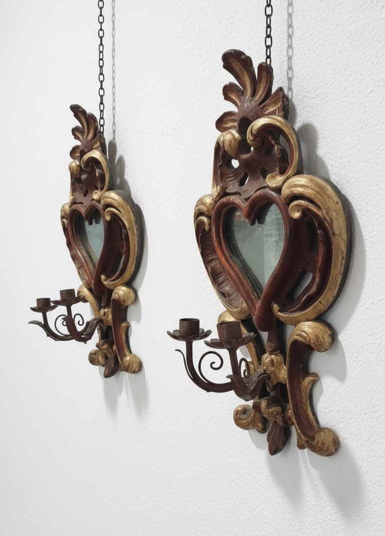 COPPIA DI APPLIQUES LACCATE E DORATE XVII SECOLO-photo-4