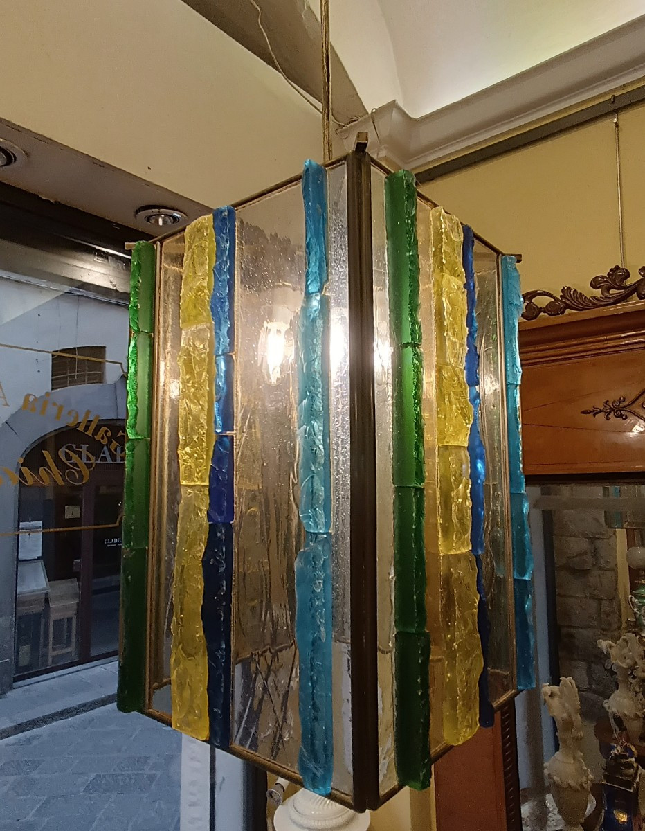 LAMPADARIO IN VETRO MULTICOLORE POLLONI ANNI '60 