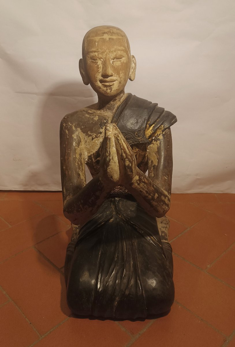 SCULTURA IN LEGNO DIPINTO MONACO BIRMANO FINE XIX SECOLO-photo-2