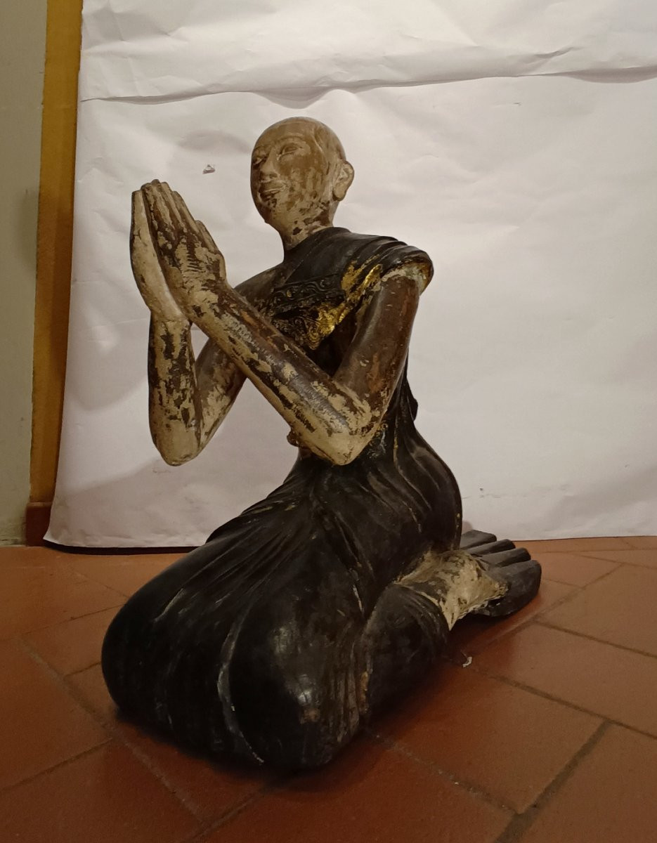 SCULTURA IN LEGNO DIPINTO MONACO BIRMANO FINE XIX SECOLO-photo-3