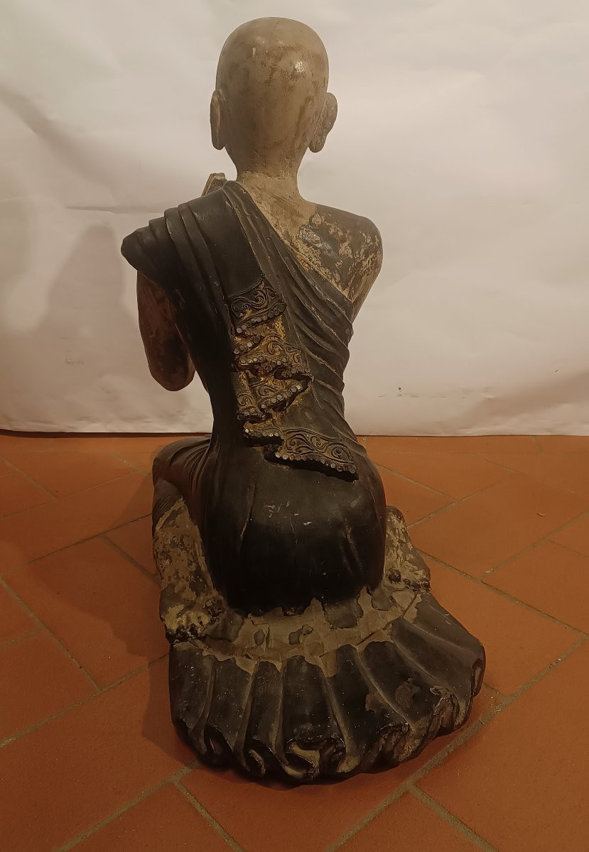 SCULTURA IN LEGNO DIPINTO MONACO BIRMANO FINE XIX SECOLO-photo-2