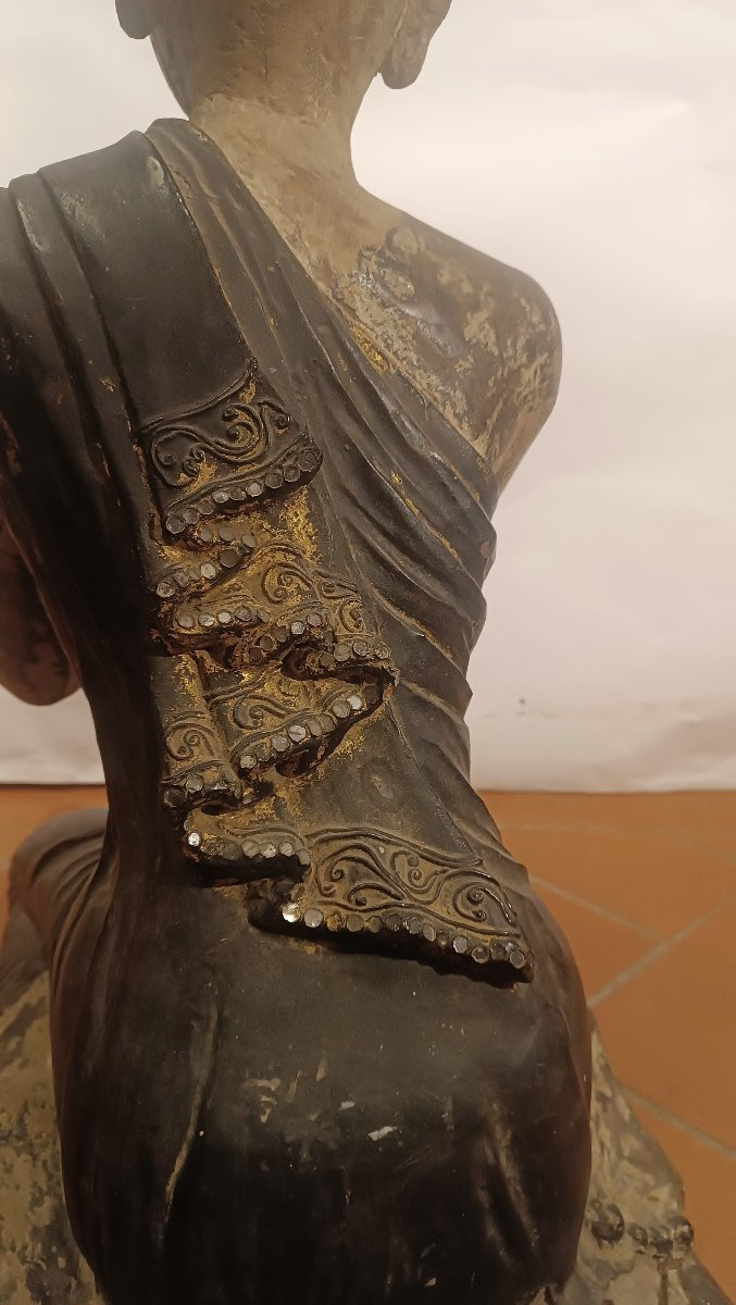 SCULTURA IN LEGNO DIPINTO MONACO BIRMANO FINE XIX SECOLO-photo-3