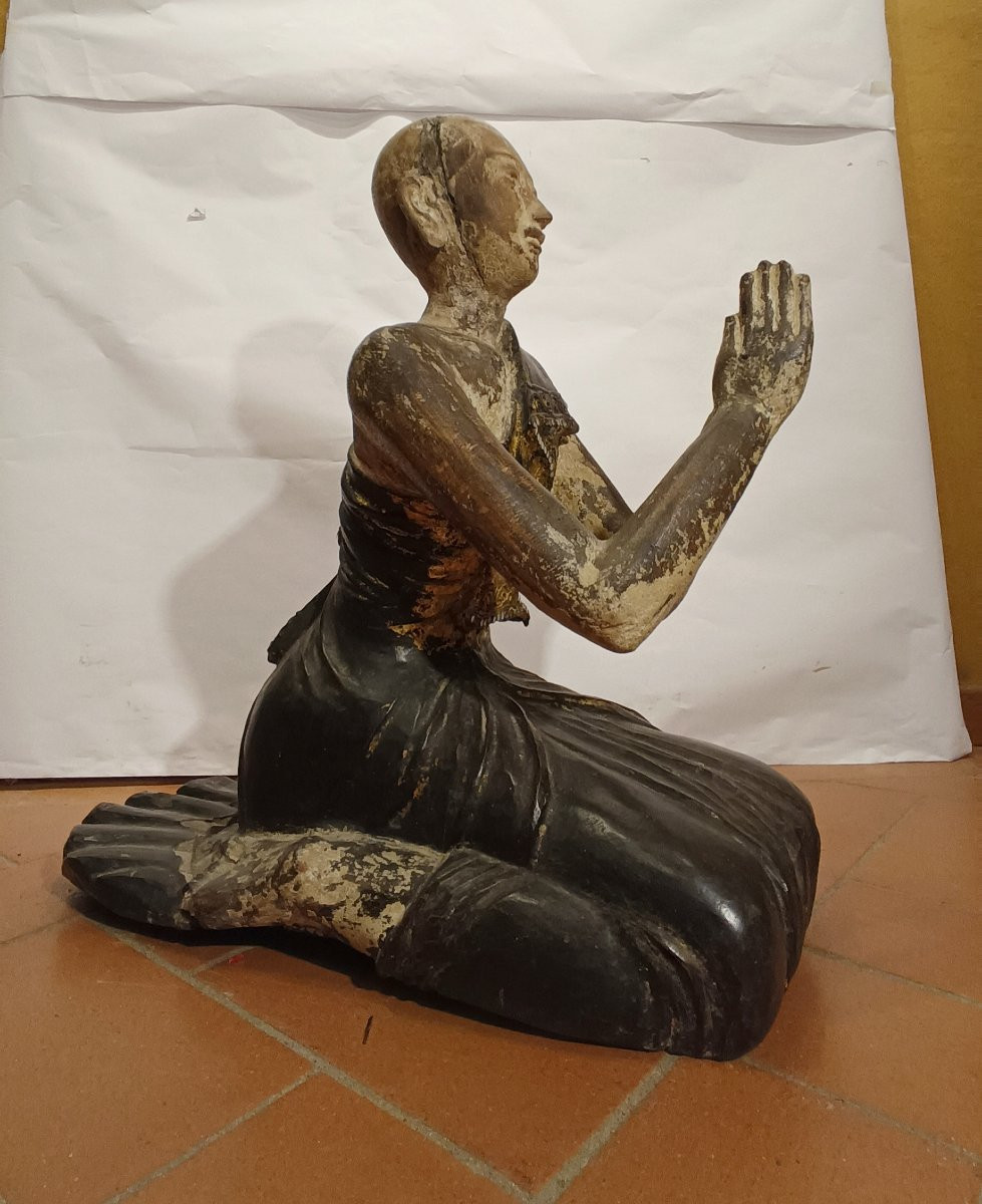 SCULTURA IN LEGNO DIPINTO MONACO BIRMANO FINE XIX SECOLO-photo-4