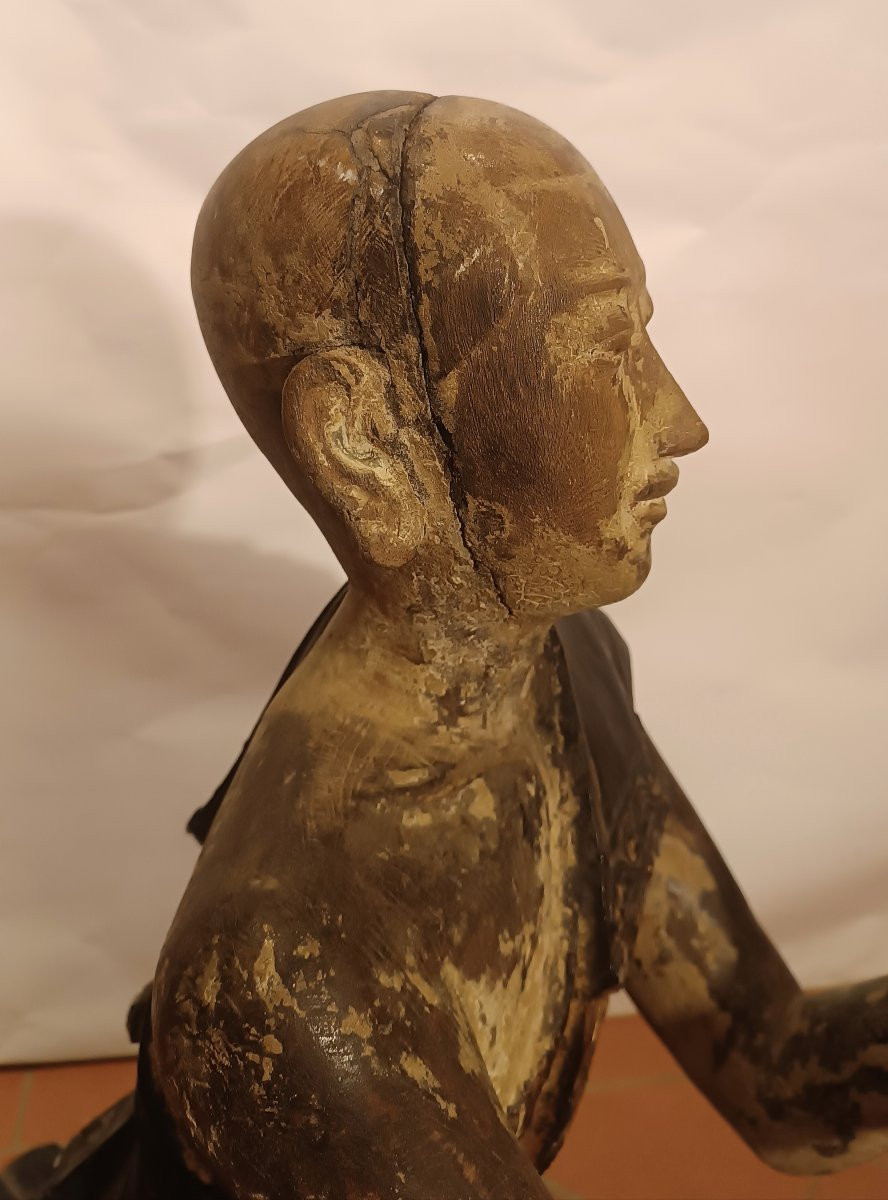 SCULTURA IN LEGNO DIPINTO MONACO BIRMANO FINE XIX SECOLO-photo-5