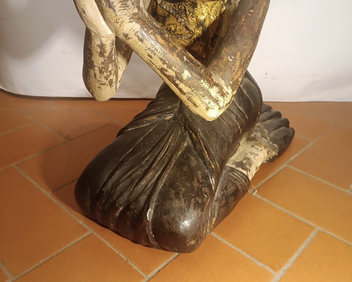SCULTURA IN LEGNO DIPINTO MONACO BIRMANO FINE XIX SECOLO-photo-6