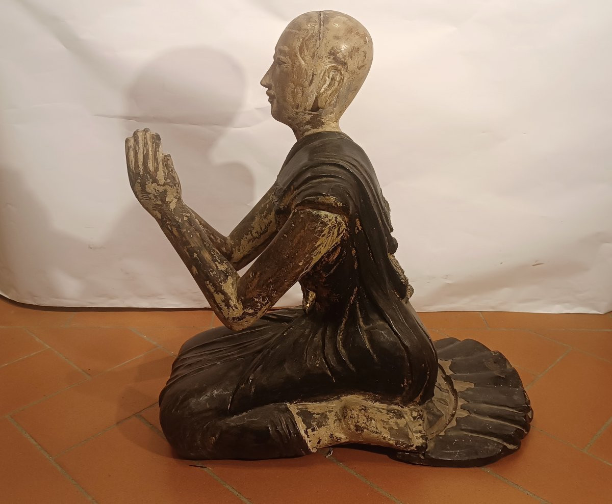 SCULTURA IN LEGNO DIPINTO MONACO BIRMANO FINE XIX SECOLO-photo-8