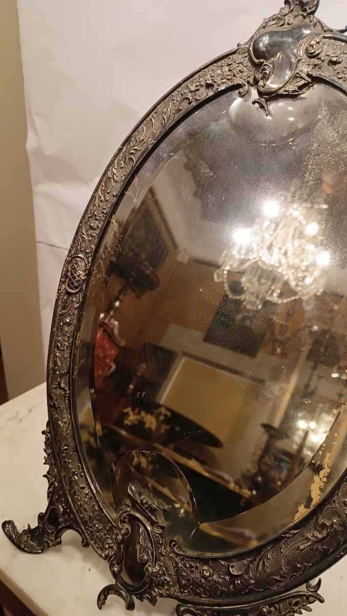 PICCOLA SPECCHIERA OVALE ARGENTATA META' XIX SECOLO -photo-5