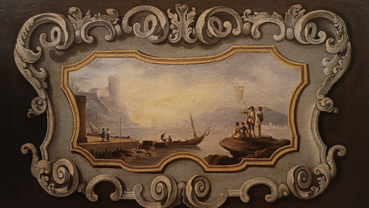 DIPINTO SOVRAPPORTA NEOCLASSICO CON MARINA FINE XVIII SECOLO -photo-2