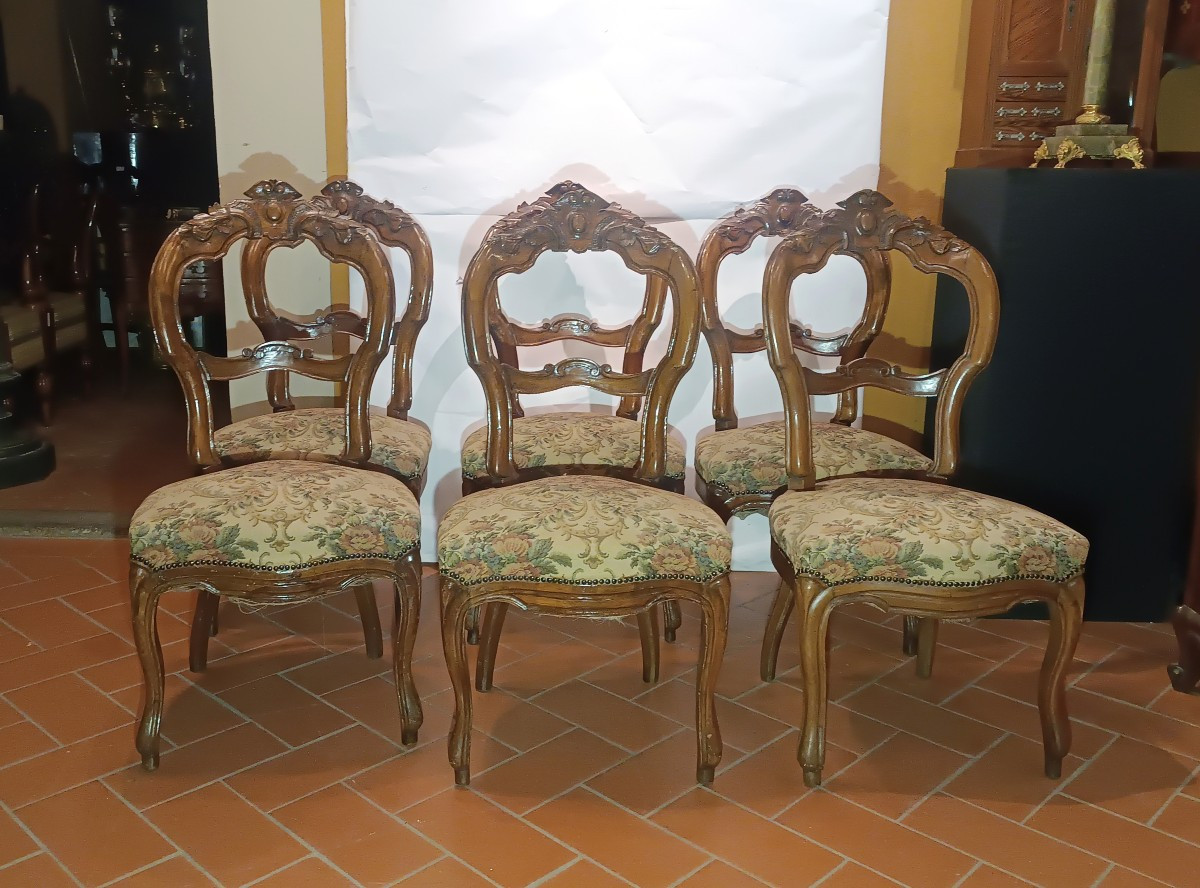 SET DI SEI SEDIE IN NOCE LUIGI FILIPPO META' XIX SECOLO 