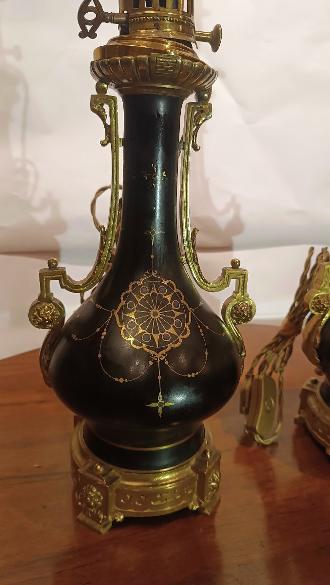 COPPIA DI LUMI IN PORCELLANA E BRONZO DORATO SECONDA META' XIX SECOLO -photo-4