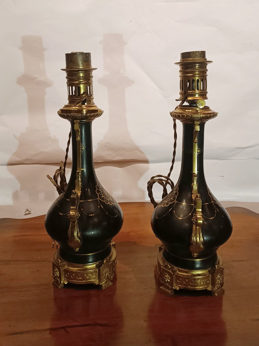 COPPIA DI LUMI IN PORCELLANA E BRONZO DORATO SECONDA META' XIX SECOLO -photo-3