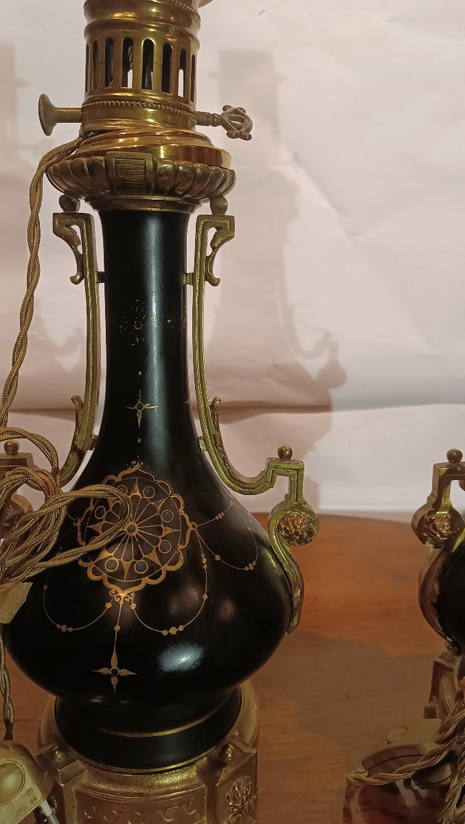 COPPIA DI LUMI IN PORCELLANA E BRONZO DORATO SECONDA META' XIX SECOLO -photo-5