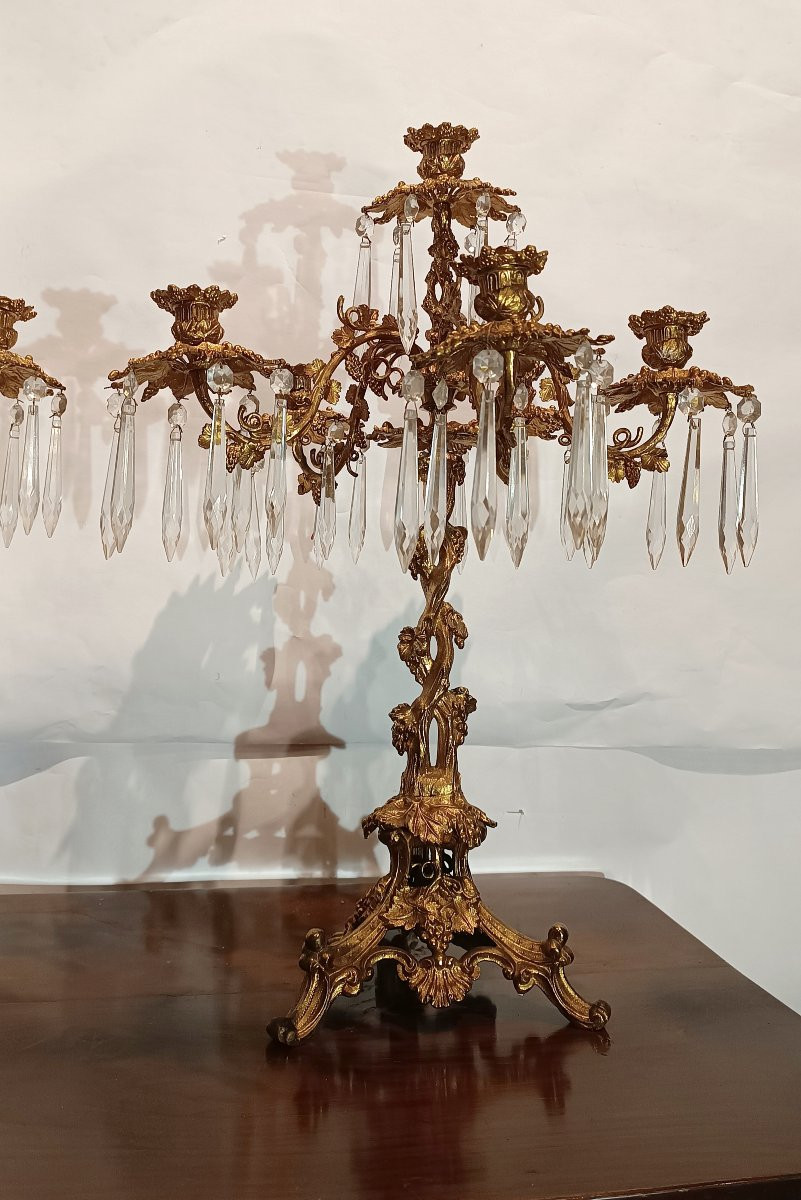 COPPIA DI CANDELABRI IN BRONZO DORATO E CRISTALLI PRIMA META' XIX SECOLO  -photo-2
