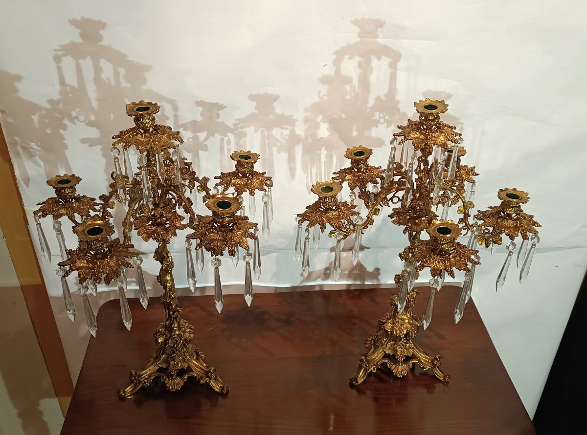 COPPIA DI CANDELABRI IN BRONZO DORATO E CRISTALLI PRIMA META' XIX SECOLO  -photo-4