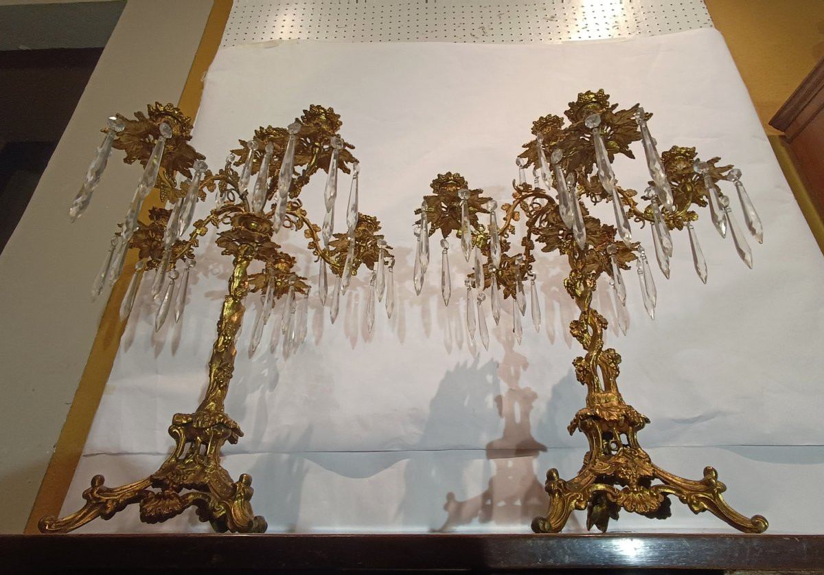 COPPIA DI CANDELABRI IN BRONZO DORATO E CRISTALLI PRIMA META' XIX SECOLO  -photo-2
