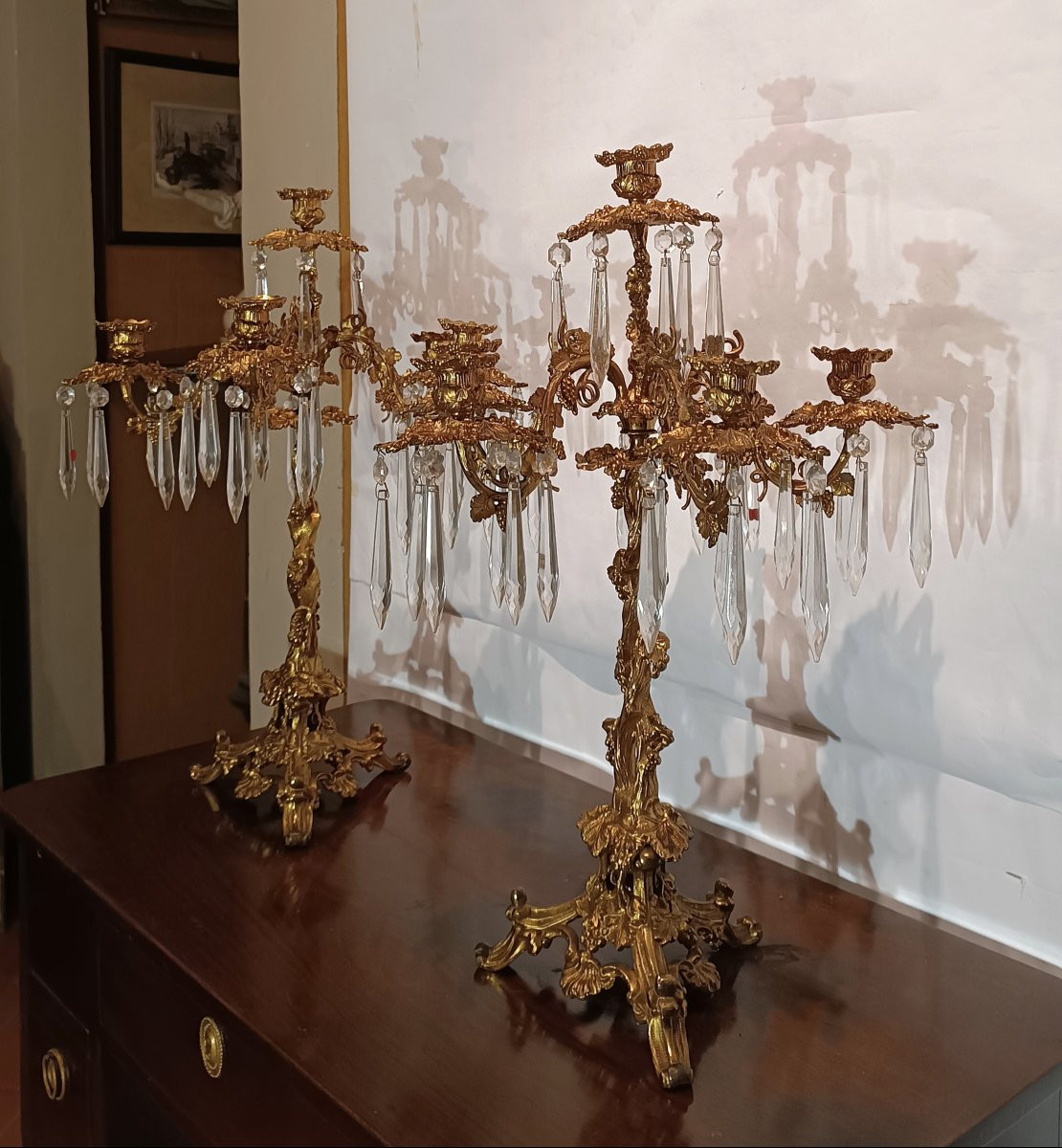 COPPIA DI CANDELABRI IN BRONZO DORATO E CRISTALLI PRIMA META' XIX SECOLO  -photo-5