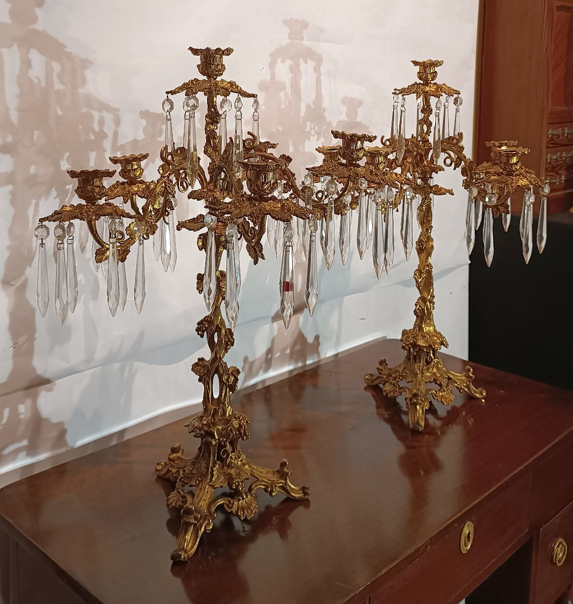 COPPIA DI CANDELABRI IN BRONZO DORATO E CRISTALLI PRIMA META' XIX SECOLO  -photo-6