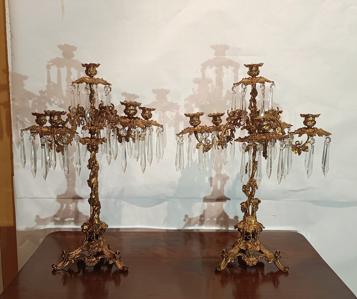 COPPIA DI CANDELABRI IN BRONZO DORATO E CRISTALLI PRIMA META' XIX SECOLO  