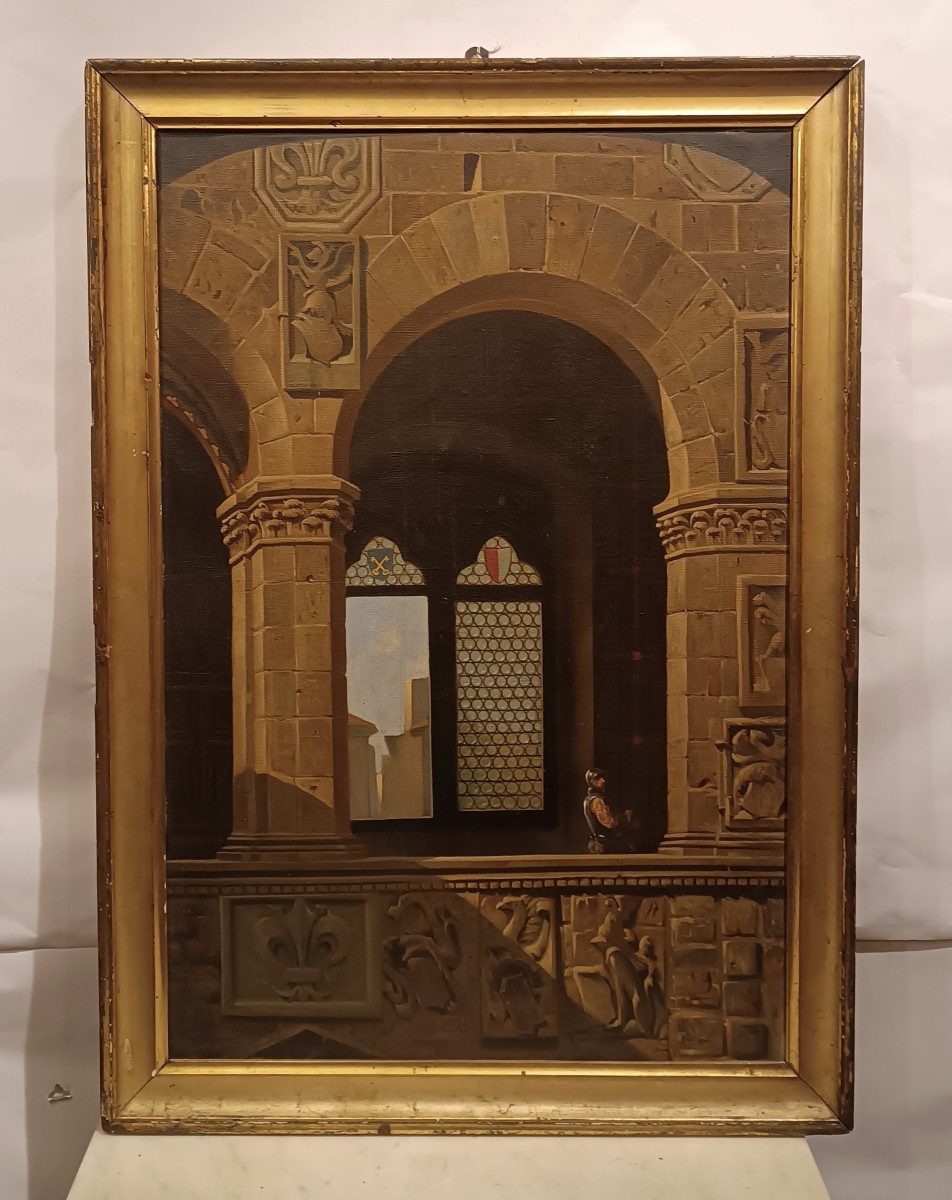 DIPINTO CON INTERNO DEL BARGELLO DI FIRENZE META' XIX SECOLO 