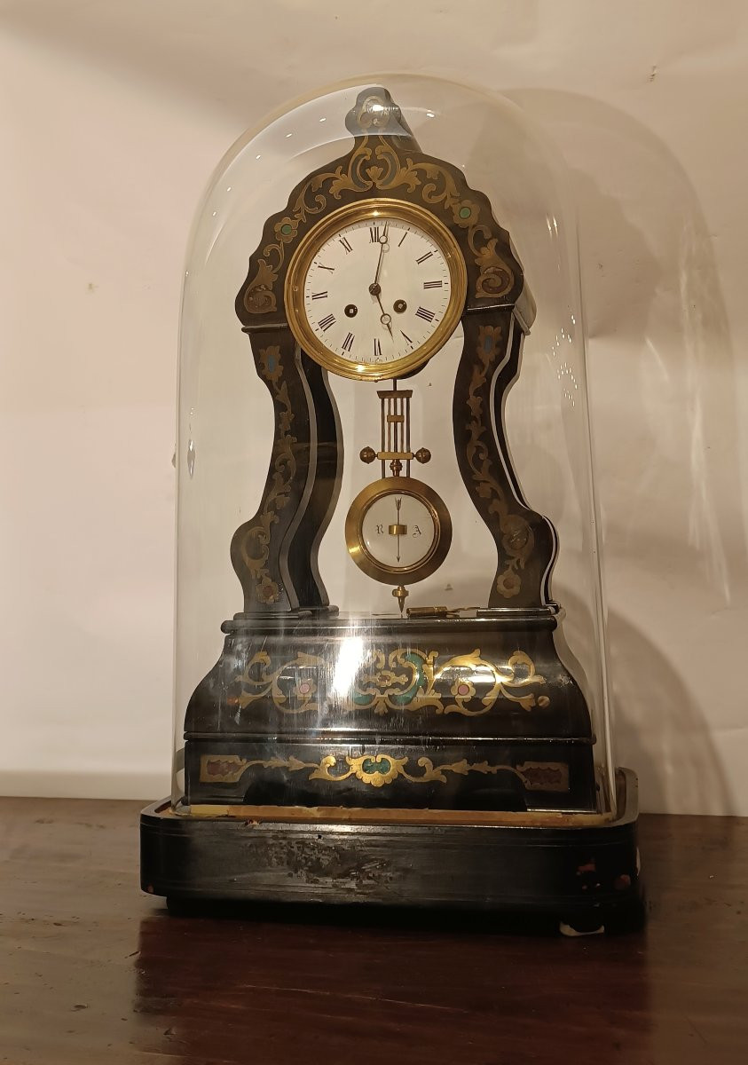 OROLOGIO IN LEGNO E INTARSI IN FERRO DORATO META' XIX SECOLO -photo-8