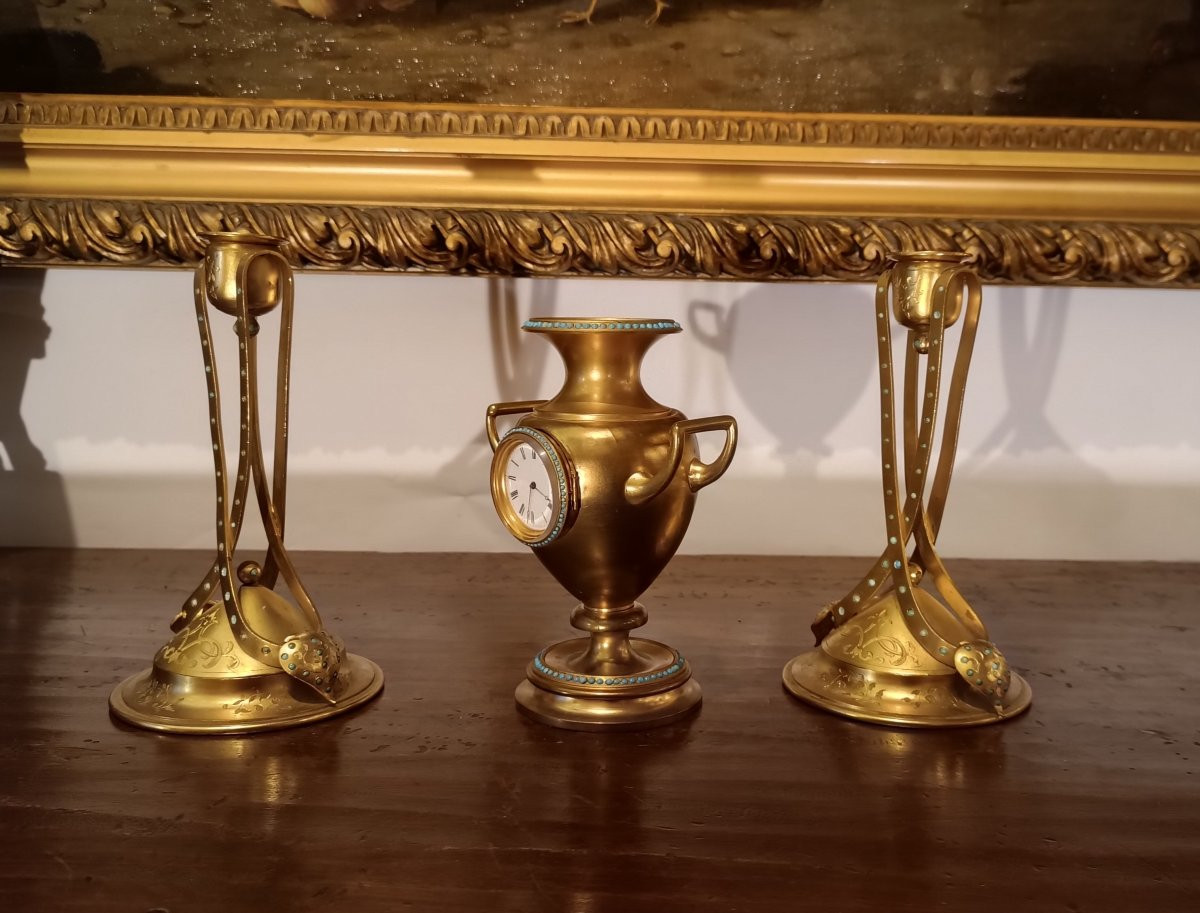 TRITTICO CON OROLOGIO E CANDELABRI META' XIX SECOLO -photo-2