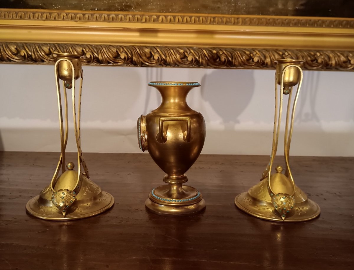 TRITTICO CON OROLOGIO E CANDELABRI META' XIX SECOLO -photo-3