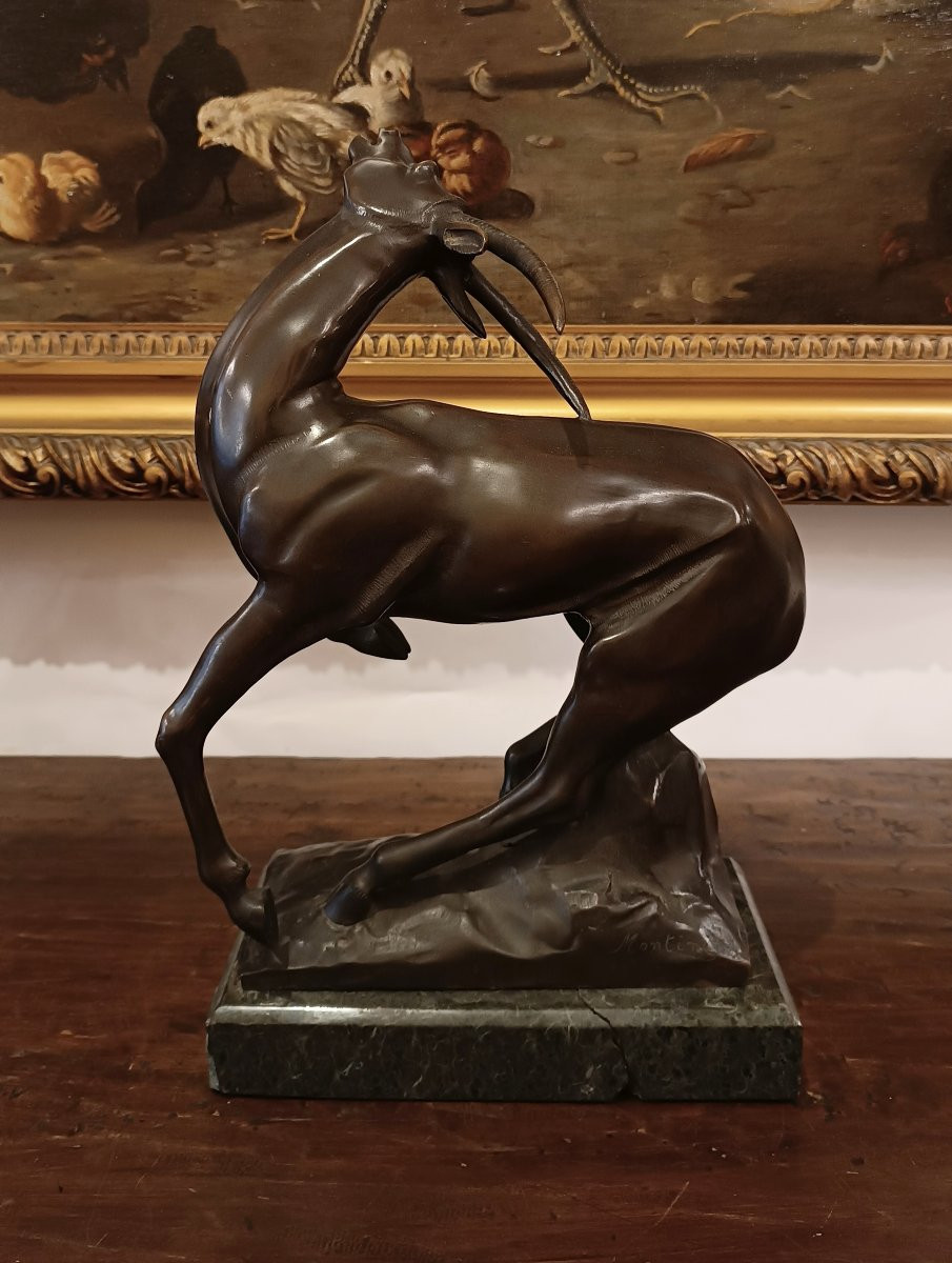 SCULTURA IN BRONZO CON ANTILOPE DI IGINIO MONTINI PRIMI DEL XX SECOLO -photo-2