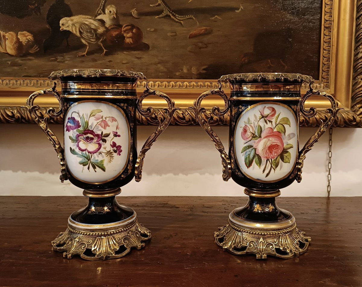 COPPIA DI VASI IN PORCELLANA E BRONZO META' XIX SECOLO-photo-2