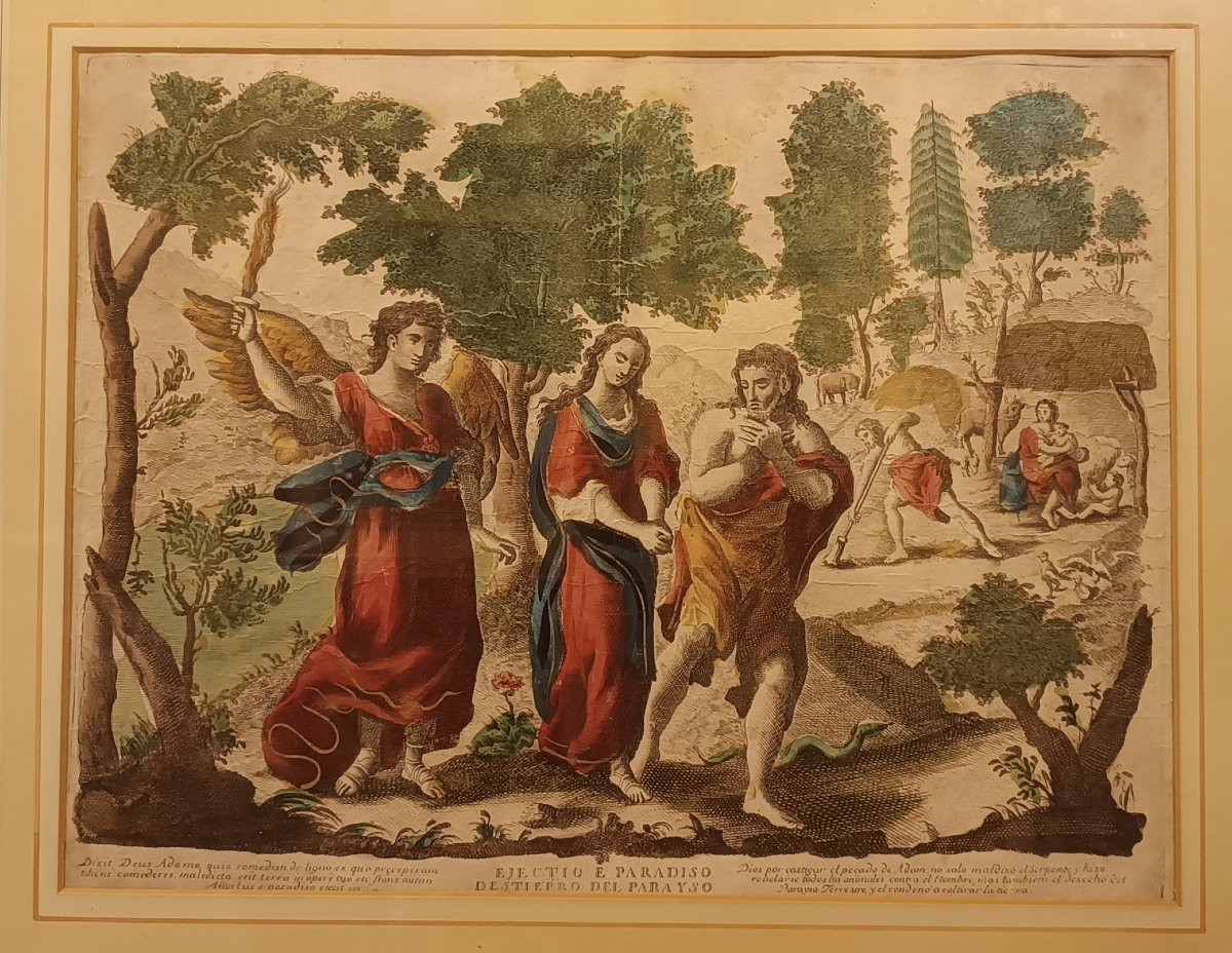 COPPIA DI INCISIONI ACQUERELLATE CON SCENE BIBLICHE FINE DEL XVII SECOLO -photo-3