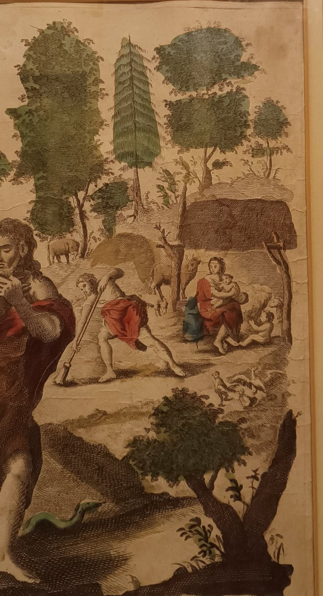 COPPIA DI INCISIONI ACQUERELLATE CON SCENE BIBLICHE FINE DEL XVII SECOLO -photo-2