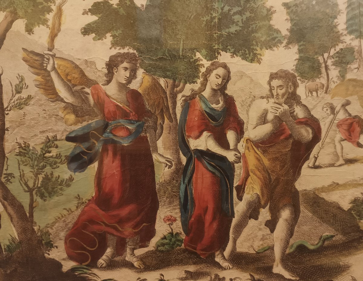 COPPIA DI INCISIONI ACQUERELLATE CON SCENE BIBLICHE FINE DEL XVII SECOLO -photo-3