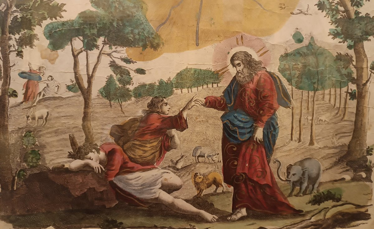 COPPIA DI INCISIONI ACQUERELLATE CON SCENE BIBLICHE FINE DEL XVII SECOLO -photo-8