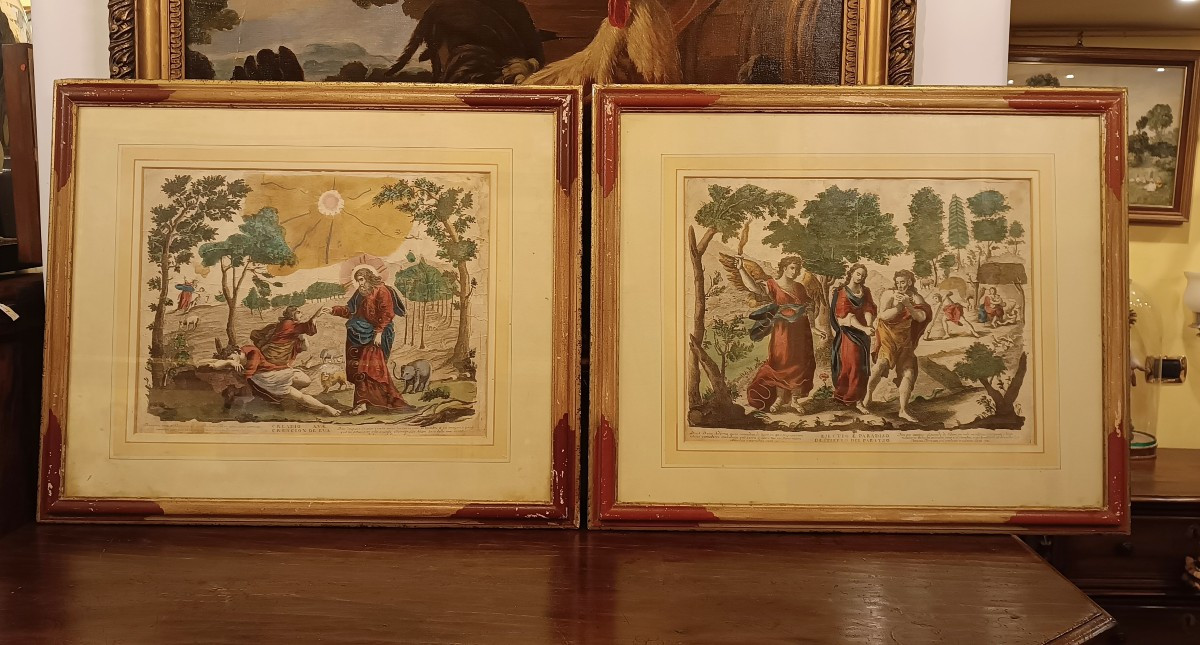 COPPIA DI INCISIONI ACQUERELLATE CON SCENE BIBLICHE FINE DEL XVII SECOLO 