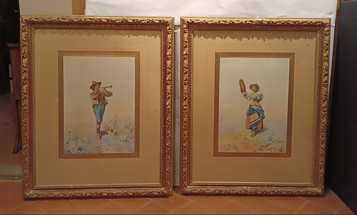 COPPIA DI ACQUERELLI CON PASTORI DI DOMENICO DE ANGELIS FINE XVIII SECOLO 