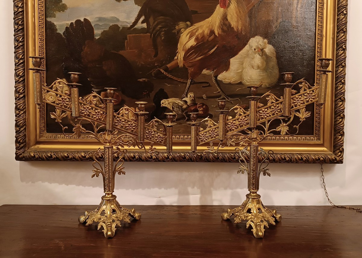COPPIA DI CANDELABRI DORATI META' XIX SECOLO 