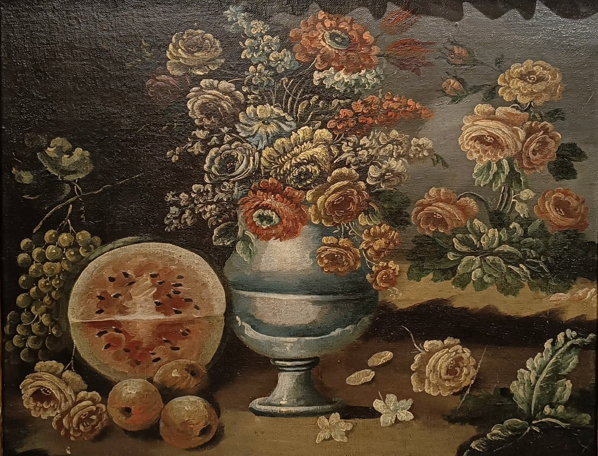 DIPINTO CON NATURA MORTA E COCOMERO XVII SECOLO -photo-2