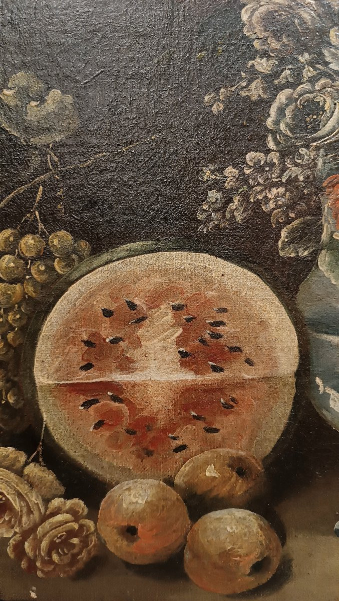 DIPINTO CON NATURA MORTA E COCOMERO XVII SECOLO -photo-2
