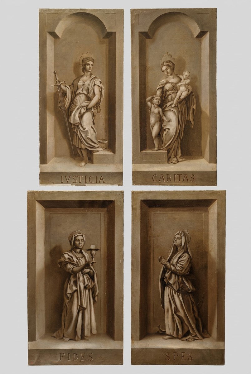 QUATTRO DIPINTI VIRTU' CARDINALI META' XVIII SECOLO