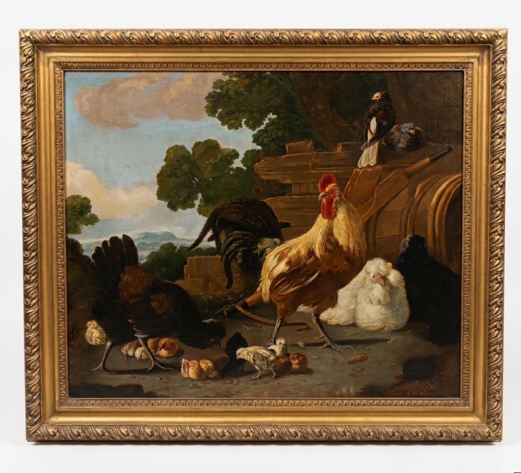 DIPINTO CON GALLI E GALLINE META' XIX SECOLO
