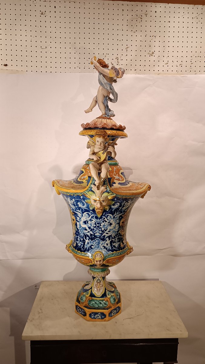 GRANDE VASO IN MAIOLICA POLICROMA JAFET TORELLI SECONDA META' XIX SECOLO-photo-2