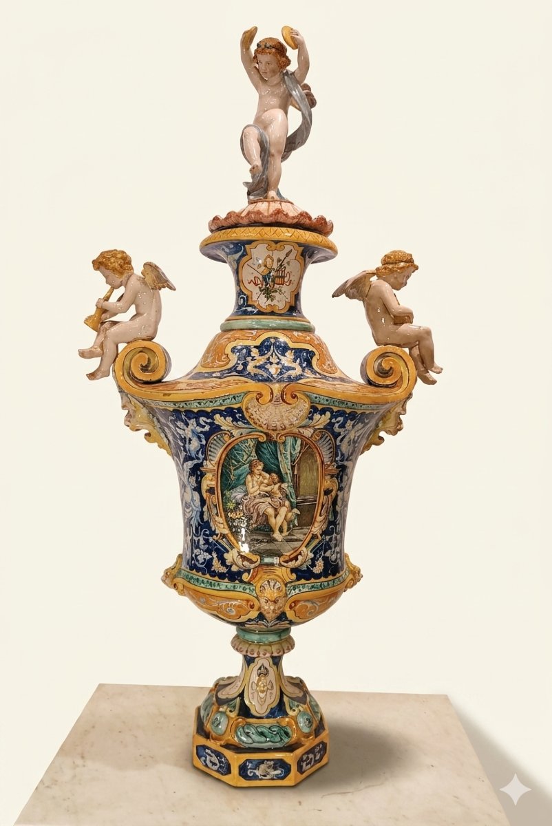 GRANDE VASO IN MAIOLICA POLICROMA JAFET TORELLI SECONDA META' XIX SECOLO
